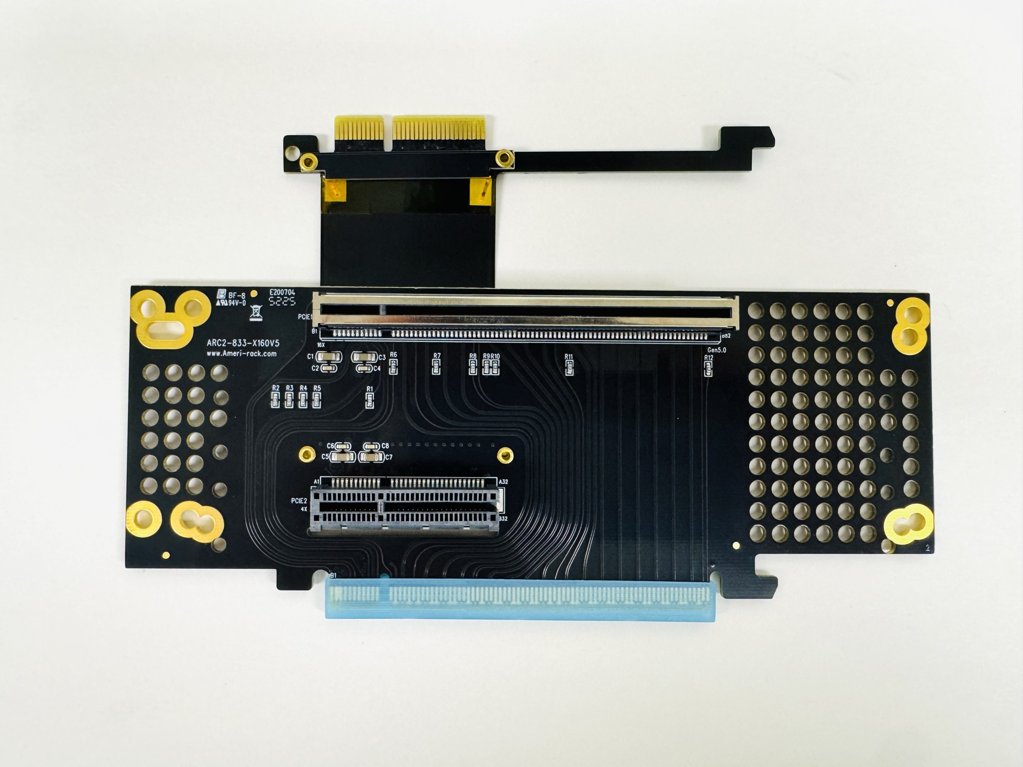 ARC2-833-X160X4RC6V5 · 2U two-slot PCIe riser: x16 Gen5 on top + x4 on 6 cm ribbon to slot7