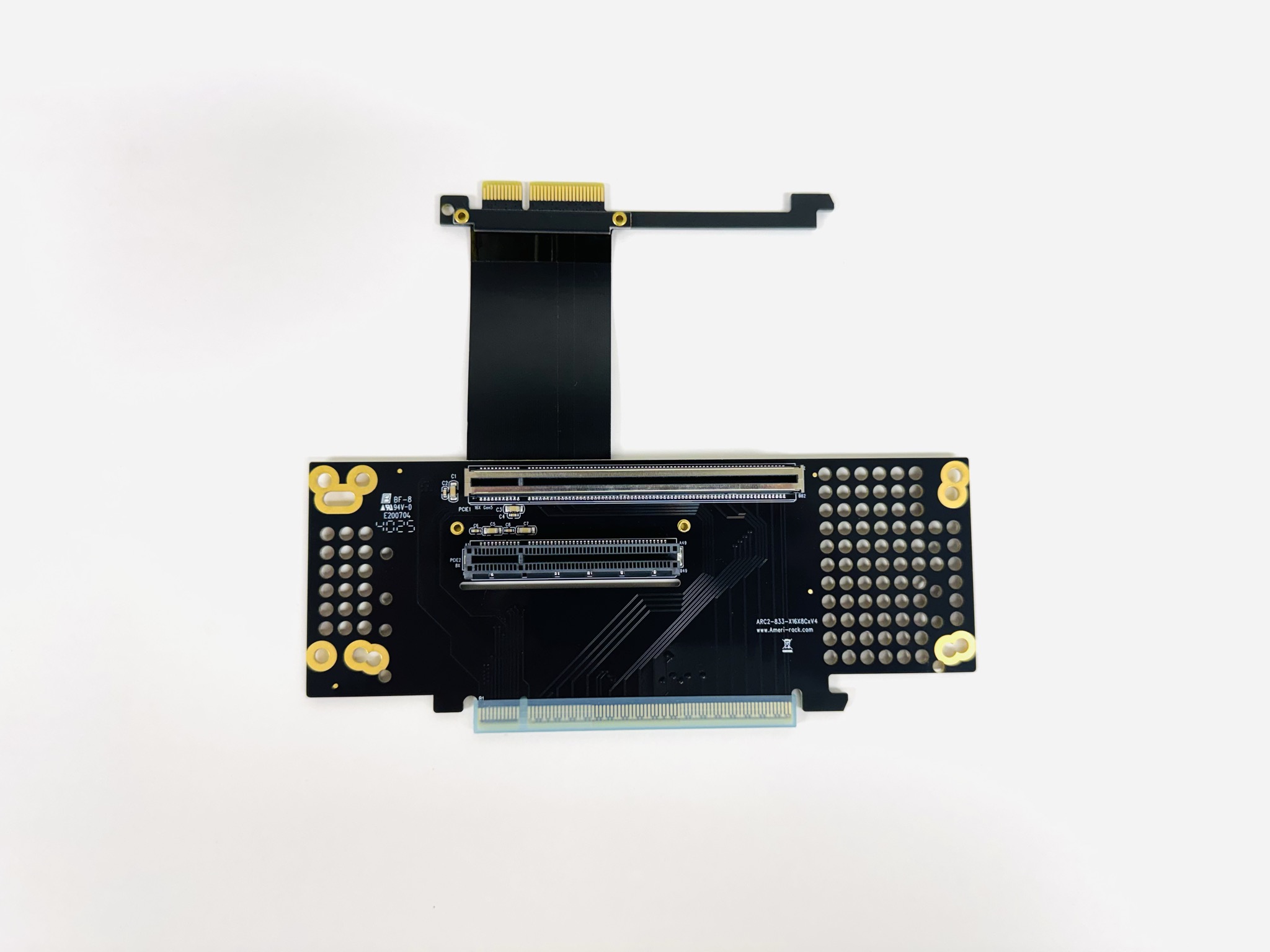 ARC2-833-X16X4RC8V5 · 2U two-slot PCIe riser: x16 Gen4/Gen5 on top + x8-to-x4 on 8 cm ribbon to slot7