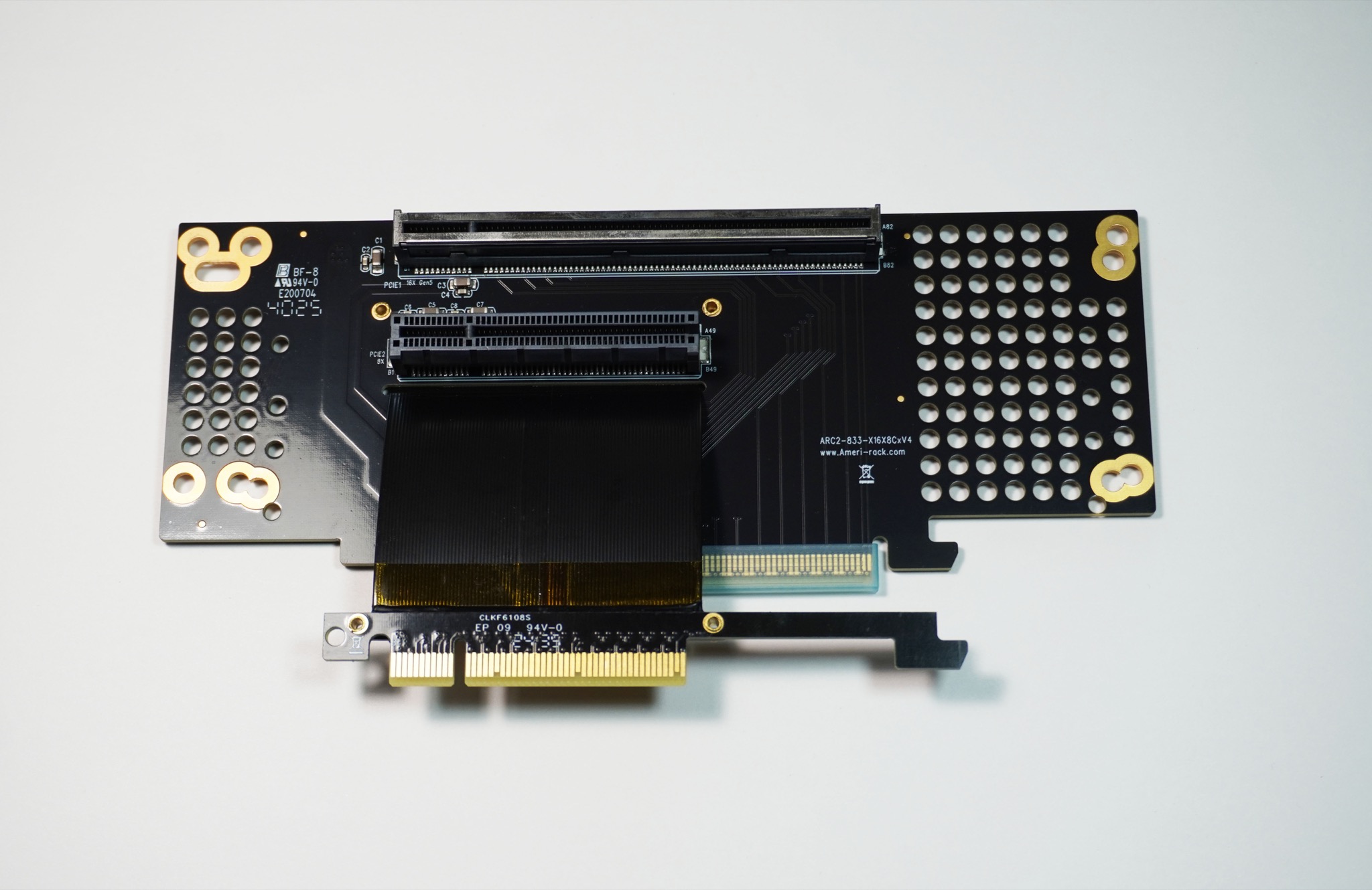 ARC2-833-X16X8C6V4 · 2U two-slot PCIe riser: x16 + x8 on 6 cm ribbon