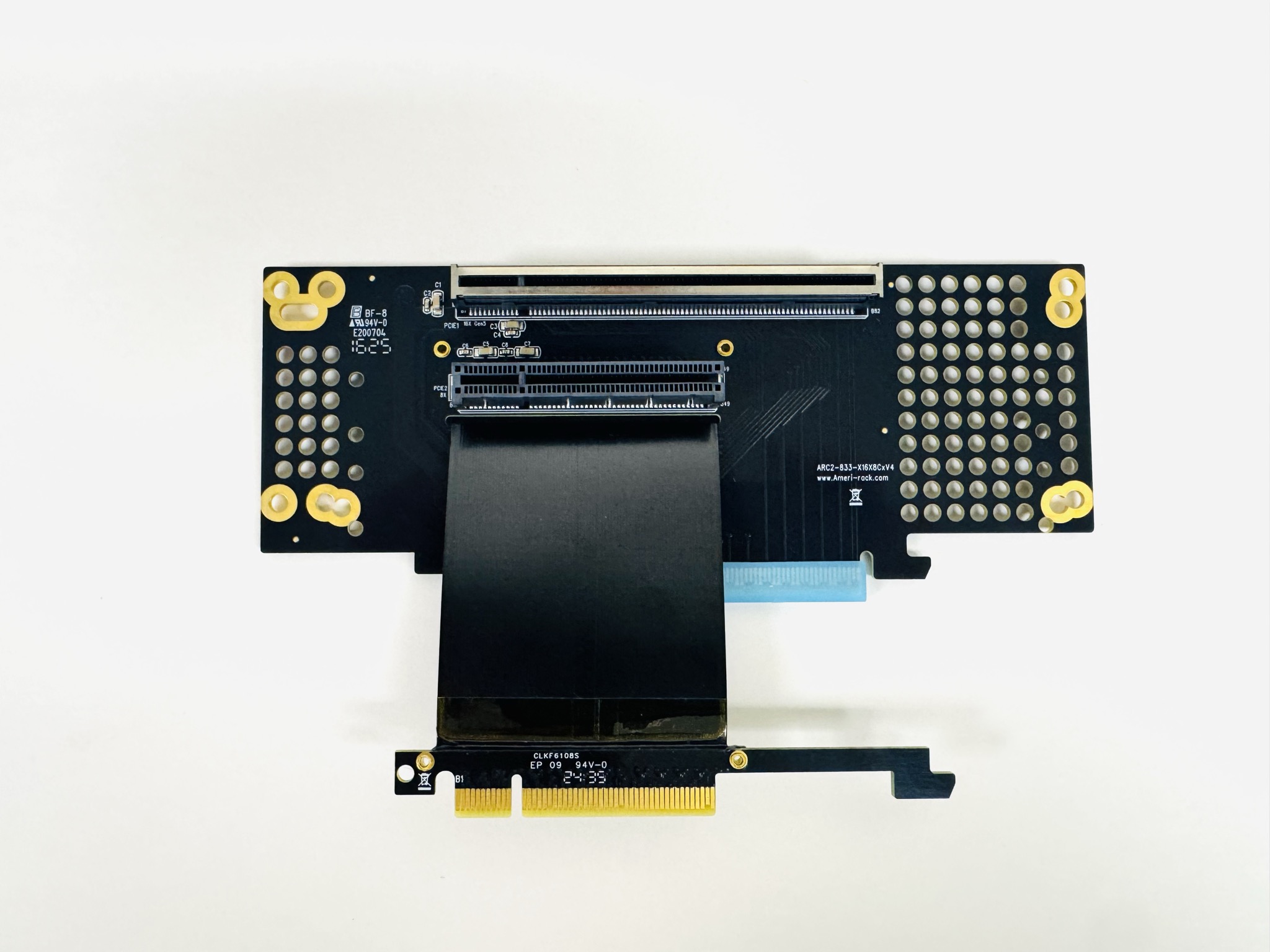 ARC2-833-X16X8C6V5 · 2U two-slot PCIe riser: x16 Gen4/Gen5 on top + x8 on 6 cm ribbon